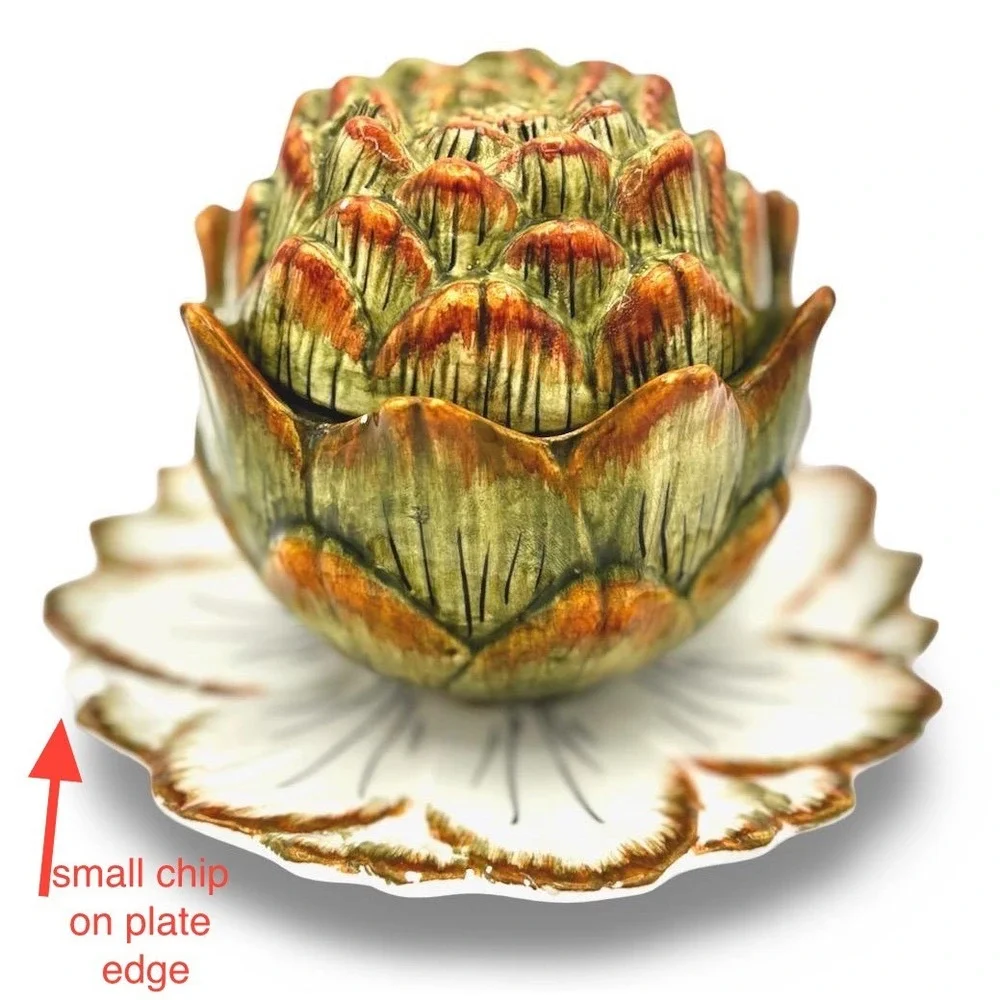Vintage Artichoke Majolica Ceramic Pottery Sauce Bowl Lid Plate Italy Jam Jar